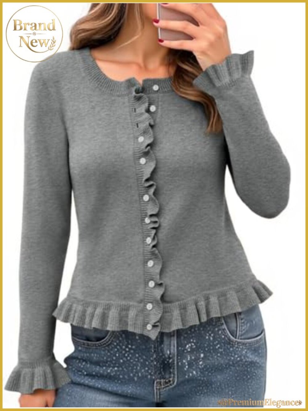 Womens Cropped Ruffle Cardigan Long Sleeve Button Down Knit Sweater
